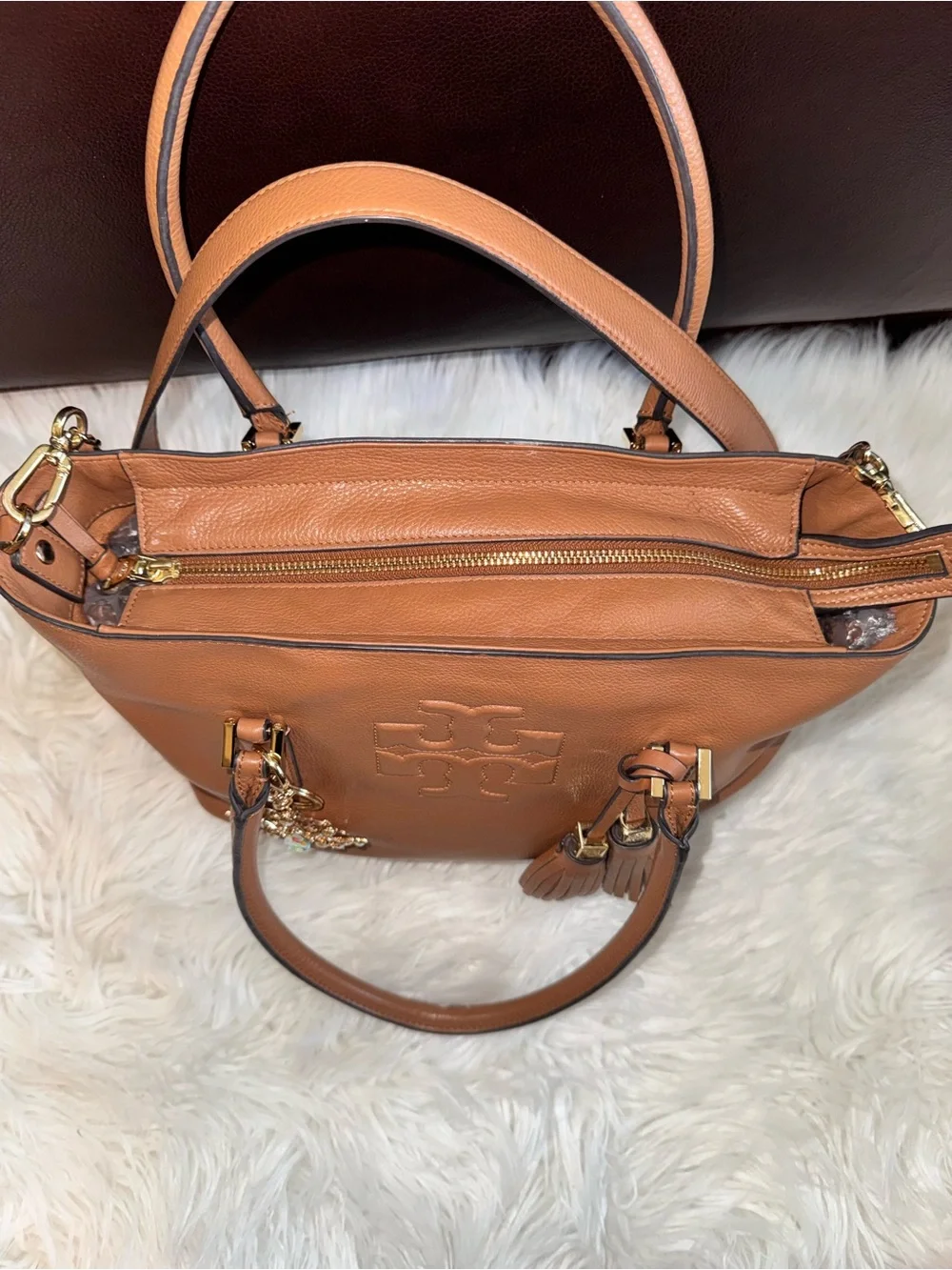 Tory Burch Cognac Pebbled Leather Tote with Tassel and Chain Strap